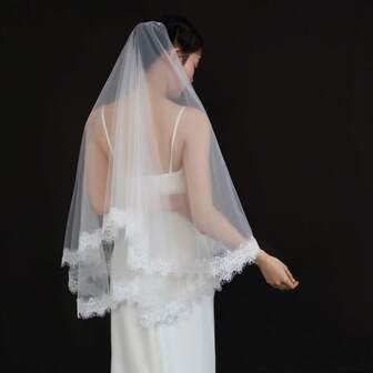 1pc Beige Double-Layer Short Floral Metal Hair Comb Bridal Veil