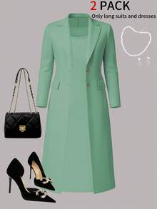 Setelan 2 Potong Elegan untuk Wanita, Jaket Kardigan Lengan Panjang Warna Polos + Gaun Midi Tanpa Lengan, Cocok untuk Musim Semi, Musim Gugur, dan Musim Dingin - Hijau muda 6 - View 3