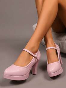 Geeyea A Pair Of Black High Heeled Shoes For Women, Ankle Buckle Design, Synthetic Material Block Heel Design, Suitable For Work Uniforms, Parties And Other Occasions - 粉色 - 查看 4