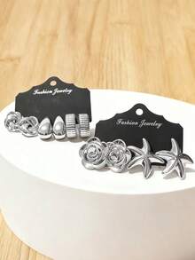 4-10 Peças Conjunto de Brincos de Moda Dourados para Mulheres, Material CCB e Leve, Brincos de Pino Elegantes com Pingente em Gota d'Água, Brincos de Pino Redondos Enrolados em Nó, Designs Delicados de Estrela-do-mar e Flor, Luxuoso e Estiloso Vintage, Adequado para Uso Diário, Reuniões, Viagens, Festas - Prata - Visão 4
