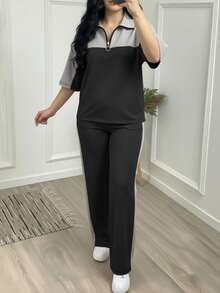 2 件套女士休闲套装，轻盈时尚修身运动宽松裤套装，春夏 - 深空灰 - 查看 4