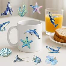 50张海洋生物主题烫印贴纸，适用于笔记本电脑、水瓶、行李箱、日记本等，防水涂鸦PET材质，可粘贴于各种物品上。 - 彩色 - 查看 9