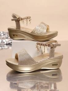 Giày cao gót đế xuồng đính đá Rhinestone dành cho nữ, Giày cao gót thường ngày mùa hè, Không thấm nước, Cỡ lớn - Vàng - Xem 7