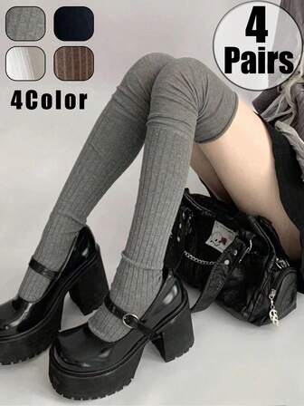 Women's Ribbed Stretchy Thigh-High Socks 4 Pairs 4 Colors Casual Daily Knit Socks