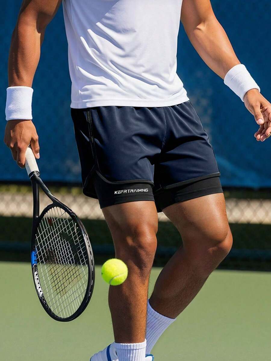 1 Stück einfarbige Sporthose, rutschfest und leicht, Doppellagige unisex Paar Shorts für Laufen, Outdoor, Gym, Frühling/Sommer - marineblau - Übersicht 1