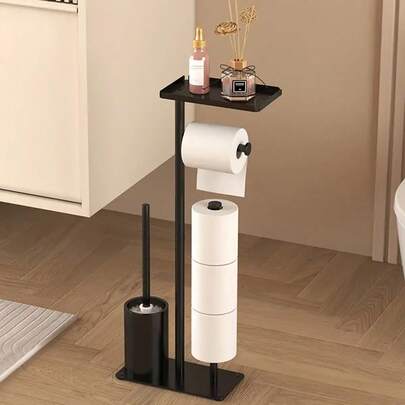 1 Set Of Independent Bathroom Black Tissue Holder With Pole, Storage Tray And Phone Holder - Anti Tipping Design, Stable Toilet Paper Storage Box, Self-Adhesive Installation, Bathroom Accessories, Toilet Paper Holder