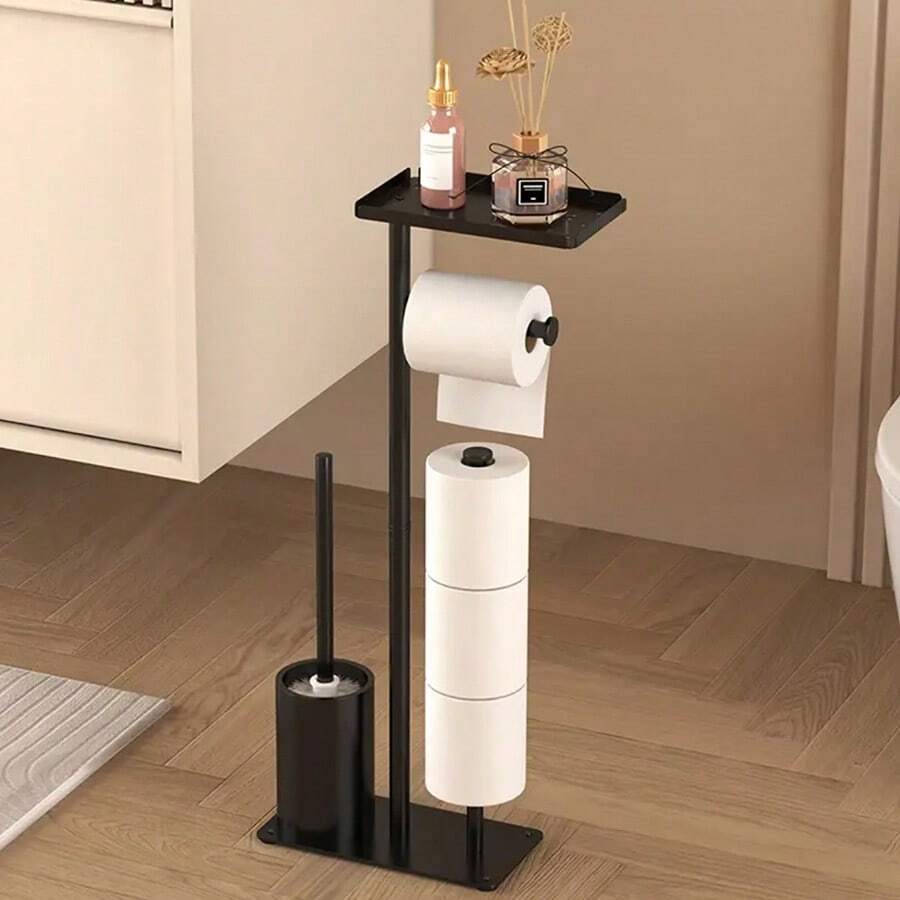 1 Set Of Independent Bathroom Black Tissue Holder With Pole, Storage Tray And Phone Holder - Anti Tipping Design, Stable Toilet Paper Storage Box, Self-Adhesive Installation, Bathroom Accessories, Toilet Paper Holder - Multicolor - View 1