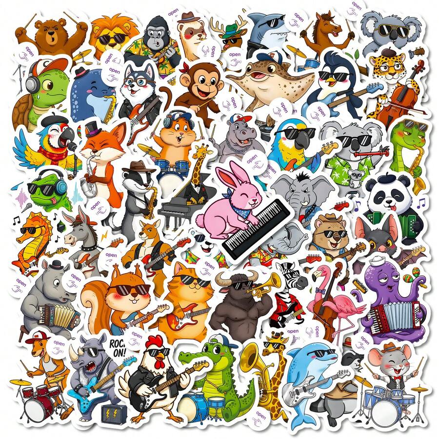 50 miếng dán nhạc cụ hình động vật sáng tạo dễ thương hoạt hình đàn guitar nhạc cụ graffiti chống thấm nước, dán trên vali máy tính - Nhiều màu - Xem 1