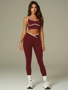 UONNOU Y2K Contrast Trim Gym Set | Butt-Lifting Leggings & Sports Bra - Burgundy - View 11