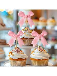 10/20pcs Pink Bowknot Cupcake Toppers, Pink Ribbon Cupcake Decorations, Bow Cake Decorations, Bow Cupcake Decorations, Pink Bow Birthday Decorations, Suitable For Weddings, Bridal Showers, Valentine's Day Decor - Multicolor - View 5