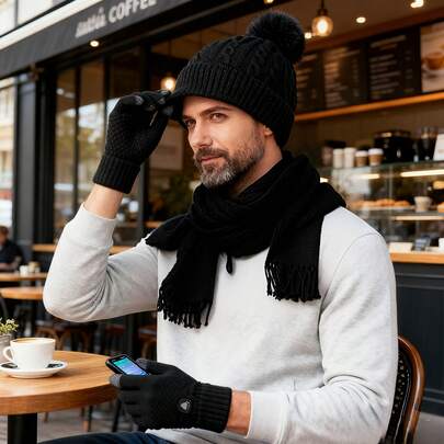 3pcs Set Unisex Hat, For Long Scarf, Touchscreen Gloves | Basic Cold Protection For Ears And Neck, Versatile For Various Indoor And Outdoor Occasions And Seasonal Styles, Soft And Non-Irritating Feel, Easy Care To Keep Looking New For Long
