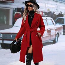 New Women's Lapel Double-Breasted Belt Woolen Coat Coat Women - 紅色 - 查看 3