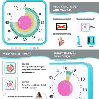 New TWENTY5 SEVEN Countdown Timer 7.5 Inch; 60 Minute 1 Hour Visual Timer Classroom Teaching Tool Office Meeting Mechanical Countdown Clock For Exam Time Management Magnetic Colorful