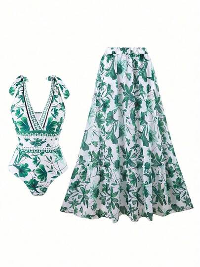 Allurini 2024 New European & American Cross-Border Women One-Piece Swimsuit With Skirt, Fashionable, Slimming, Sexy Swimwear Elegant