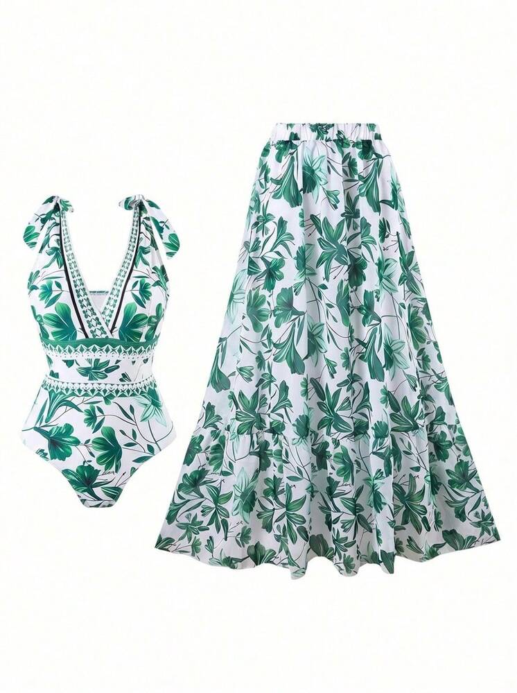 Allurini 2024新款欧美跨境女士连体泳衣，带裙摆，时尚显瘦，性感优雅 - 綠色 - 查看 1