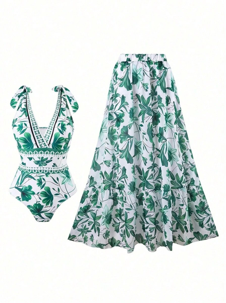 Allurini 2024新款欧美跨境女士连体泳衣，带裙摆，时尚显瘦，性感优雅 - 綠色 - 查看 1