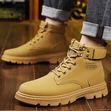 [Special Offer] Men's Faux Leather Lace-Up Work Boots - Buckle Strap Detail & Non-Slip Lug Sole, Comfortable Durable Footwear For Daily Casual, Outdoor & Street Style Wear - 棕色 - 查看 6