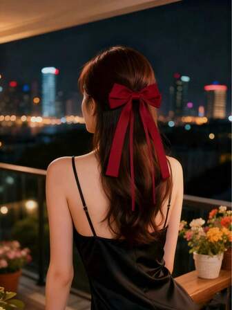 1个酒红色蝴蝶结发夹，女士红色蝴蝶结发饰，缎带蝴蝶结发夹，长尾蝴蝶结发夹，派对发饰，情人节、圣诞节、感恩节适用，爪夹，发卡