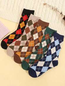 5 Pairs Women's Thin Mid-Calf Socks, Retro Collegiate Style, Classic Diamond Pattern, Fashionable & Versatile, Spring/Autumn - Multicolor - View 14