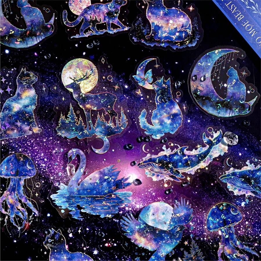 20张/包 复古星空、猫咪、月亮风景贴纸套装，可爱植物、森林动物、女孩主题剪贴簿贴纸，适用于日记、计划本、手工DIY、文具用品、剪贴簿用品、趣味贴纸、笔记本电脑贴纸、Kindle手机贴纸 - 彩色 - 查看 1