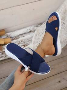 New In Summer, Black Fashionable Versatile Soft-Soled Outer Slippers, Breathable Mesh Sandals, Non-Slip Soft Soles, Versatile Black Cross-Strapped Slippers, Soft Elastic Soles, Super Comfortable To Go Shopping, Fashionable Lazy Sandals, Black Cross Design, Light And Non-Grinding Feet, Wear Non-Slip Slippers, Black Mesh Cross - Blue - View 6