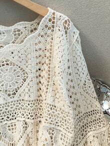 JIANHU Boho Dream Crochet Lace Kimono With 3D Geometric Floral Pattern And Wavy Fringe Hem Featuring Oversized Off Shoulder Design Perfect For Beach Holidays And Cafe Outings Summer - Apricot - View 7
