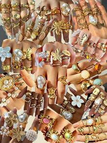 33/26/21/18/15/9/6 Peças Conjunto de Anéis Empilháveis de Estilo Vintage Boêmio, Design Simples e Elegante Retrô, Inclui Flor, Laço, Pérola, Torção, Coração, Strass, Folha, Lua, Estrela, Olho, Geométrico, Cruz, Anéis Grossos, Adequado para Festivais, Festas, Encontros, Presentes, Uso Diário (Entrega Aleatória) - Multicolorido - Visão 1