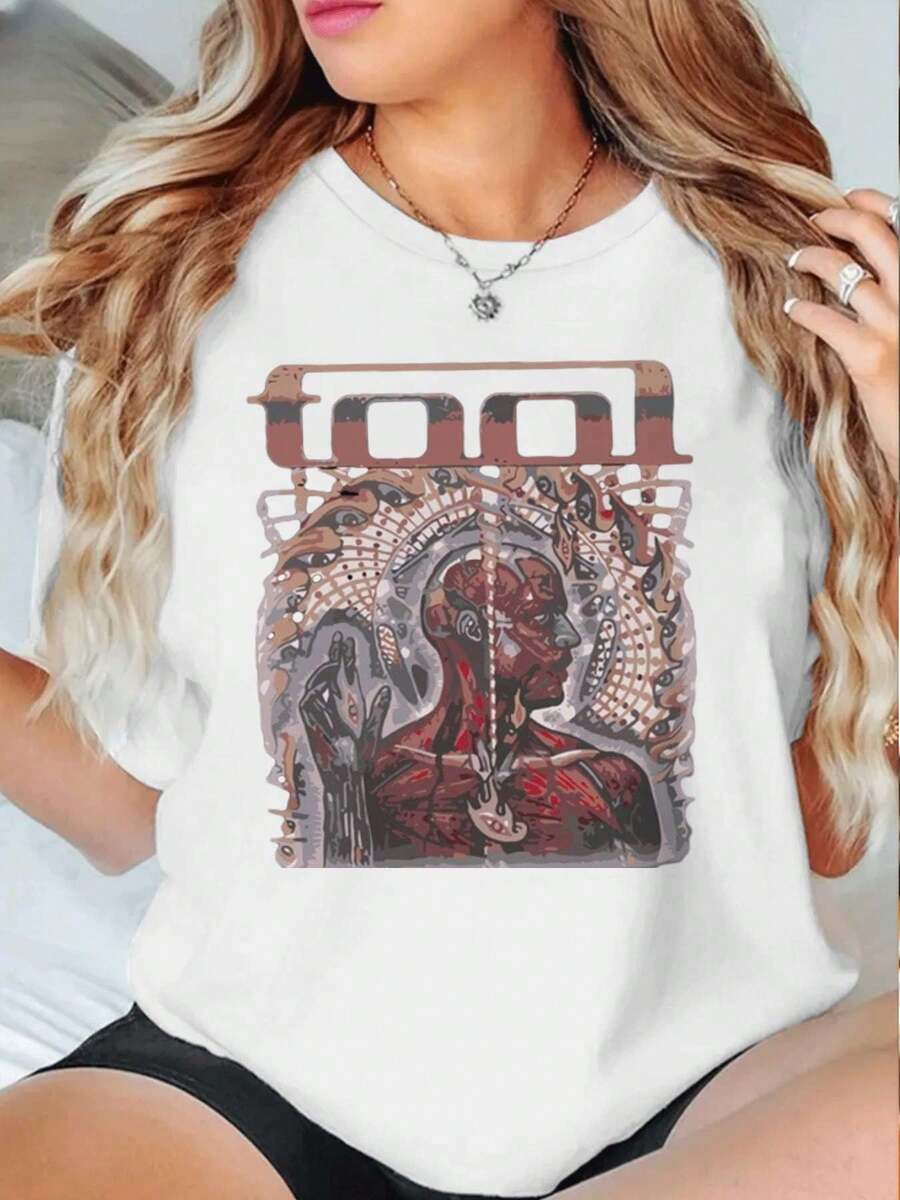 Tool Band Graphic Tee For Women, Premium Cotton, Loose Fit, Casual, Comfortable, Unique Graphic Print - 白色 - 查看 1