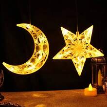 1 pieza Luz de ventosa con estrella y luna, lámpara de ventosa con estrella, luz brillante de estrella, luces de cadena LED para interiores, estrella y luna realistas, luz de decoración de ventana montada en la pared, adecuada para dormitorio, sala de estar, ventanas, boda, cumpleaños, San Valentín, fiesta, pasillo, balcón, jardín, camping, decoración del hogar, regalo festivo, funciona con pilas (pilas no incluidas) - Luz cálida - Ver 4