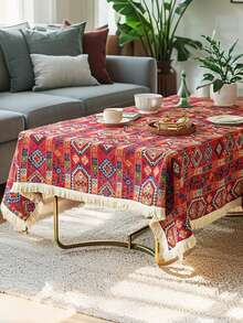 1pc Bohemian Style Red Geometric Jacquard Tablecloth With Natural Tassel, Rectangular Tablecloth For Dining Table, Coffee Table, TV Stand, Entryway, Suitable For Holiday Gatherings, Birthday Parties, Weddings, Dining Room, Living Room, Office, All Seasons - Red - View 10