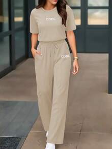 2pcs Women's Summer Set, Personalized Letter Print Round Neck Short Sleeve T-Shirt Paired With High Waist Drawstring Straight Leg Pants - Apricot 11 - View 3