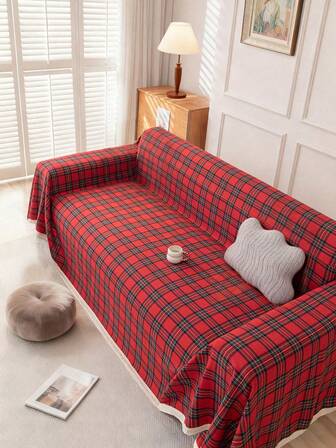 1pc Retro American Plaid Multifunctional Anti-Slip Sofa Cover Blanket With Tassels