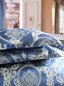 2/3件套皇家蓝提花床上用品套装，缎面被套配金色缎面枕套，拉链封口，可机洗，男女老少皆宜，奢华卧室装饰，完美节日礼物 - 寶藍色 - 查看 7