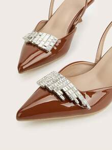 Women's Rhinestone Embellished Elegant Pointed Toe Slingback High Heel Sandals, Brown, Suitable For Banquet And Party - Brown - View 4