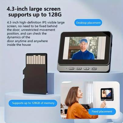 Smart Tech trådlös HD-videodörrklocka med 4,3-tums skärm - WiFi-säkerhetskamera för inomhus/utomhusbruk, mörkerseende, 2-vägsljud, pekskärm, rörelsesensor, ingen app behövs, uppladdningsbart batteri, enkel självhäftande installation