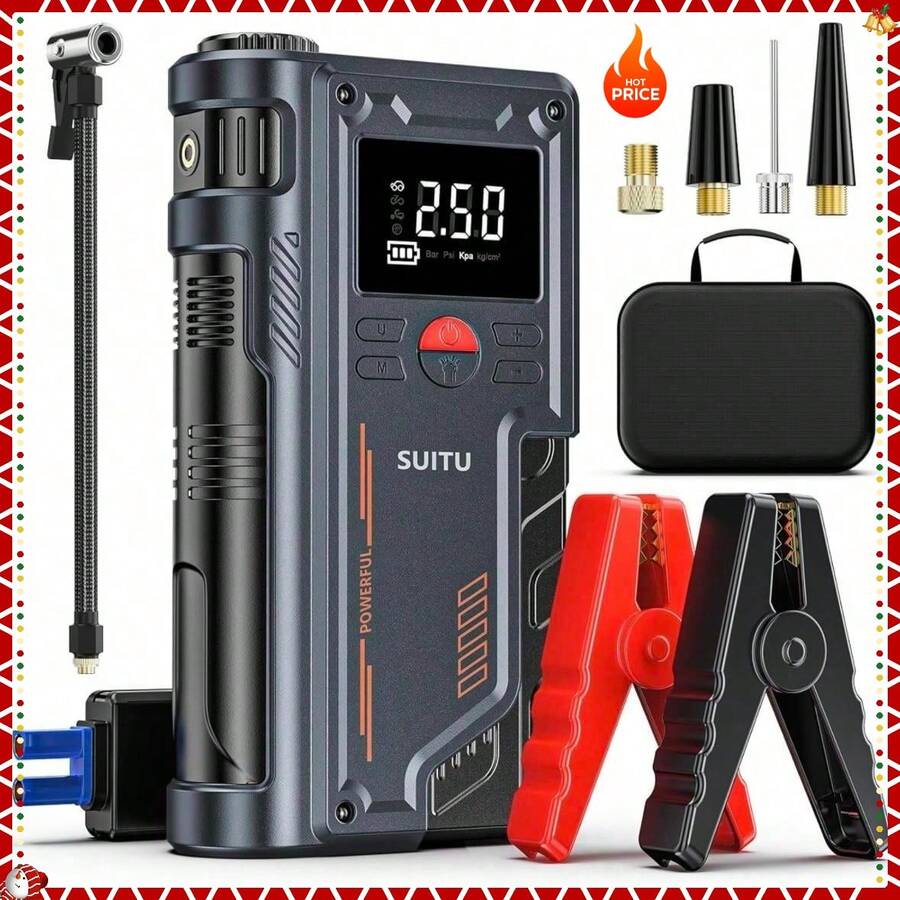8000A 150PSI Jump Starter With Air Compressor, 12V Portable Car Battery Charger For All Gas And 10.0L  Engines, Car Starter Jump Box With Jumper Cable, 3 Modes Flashlight And Storage Case