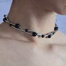 新款手工黑曜石珠缠绕钛钢项链，原创双层锁骨链 - A - 查看 2