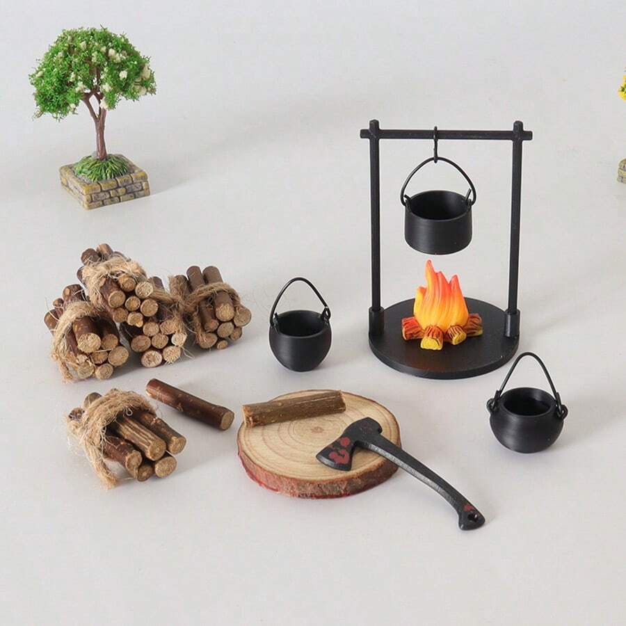 1Set Miniature Dollhouse Chimney And Fire Pit Set - Durable Black Plastic Fire Pit With Realistic Fire And Smoke, Ideal For Dollhouse DIY Accessories, Model House Christmas Decor, And Photography Props, Fire Pit Decor Accessories