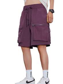 Men's Cargo Shorts With Drawstring And Pockets, Made Of Non-Stretch Fabric For Casual Wear. - Color caoba - Ver 3