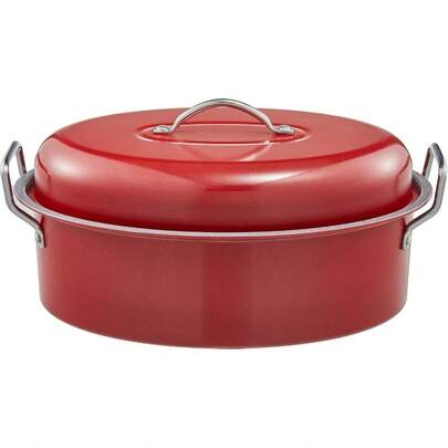 D Large Turkey Roasting Pan With Lid And Rack 18-Inch Durable Granite Non-Stick Roaster 20 Lb Capacity For Roasting Turkey Chicken Or Vegetables Red