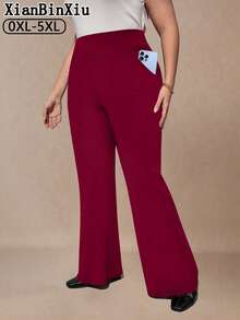 XianBinXiu 1pc Plus Size Navy Blue Flare Yoga Pants, High Waist Slimming Casual Yoga Trousers With Pockets, Knit Fabric, Elastic & Comfortable, Suitable For Daily Casual Wear And Yoga, All Seasons, Moisture-Wicking Stretchy Leggings, Low-Impact Yoga Pilates Ballet Studio Casual Wear, Spring/Summer - Burgundy - View 11