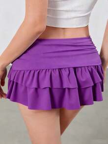 Women's Ruffled Multi-Layered Mini Skirt With Built-In Shorts, A-Line Skirt, Suitable For Summer Sports - 紫色 - 查看 3