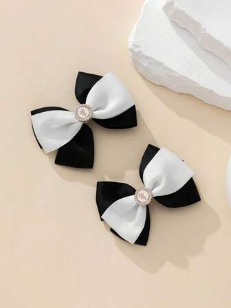 2 PCS Set Black And White Elegant Rhinestone Decor Contrast Bow Hair Clips, Hair Bows For Women, Hair Ribbons Hair Clip WWith Bow, Hair Accessories Hair Suitable For Parties, Daily Life, And School., Claw Clips, Hair Slide, Hair Barrettes