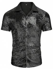 Men's Sequin Shirt 70s Costume Nightclub Party Short Sleeve Sparkle Disco Shirts - 黑色 - 查看 1