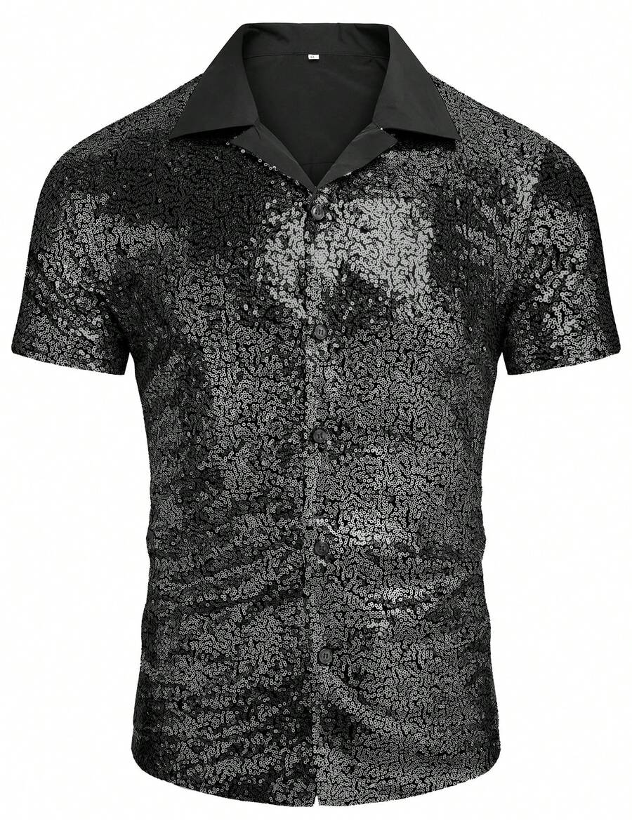 Men's Sequin Shirt 70s Costume Nightclub Party Short Sleeve Sparkle Disco Shirts - 黑色 - 查看 1