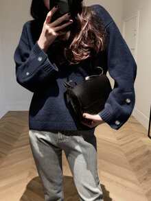 女式简约圆领纽扣袖口设计毛衣，秋冬 - 藏蓝色 - 查看 4