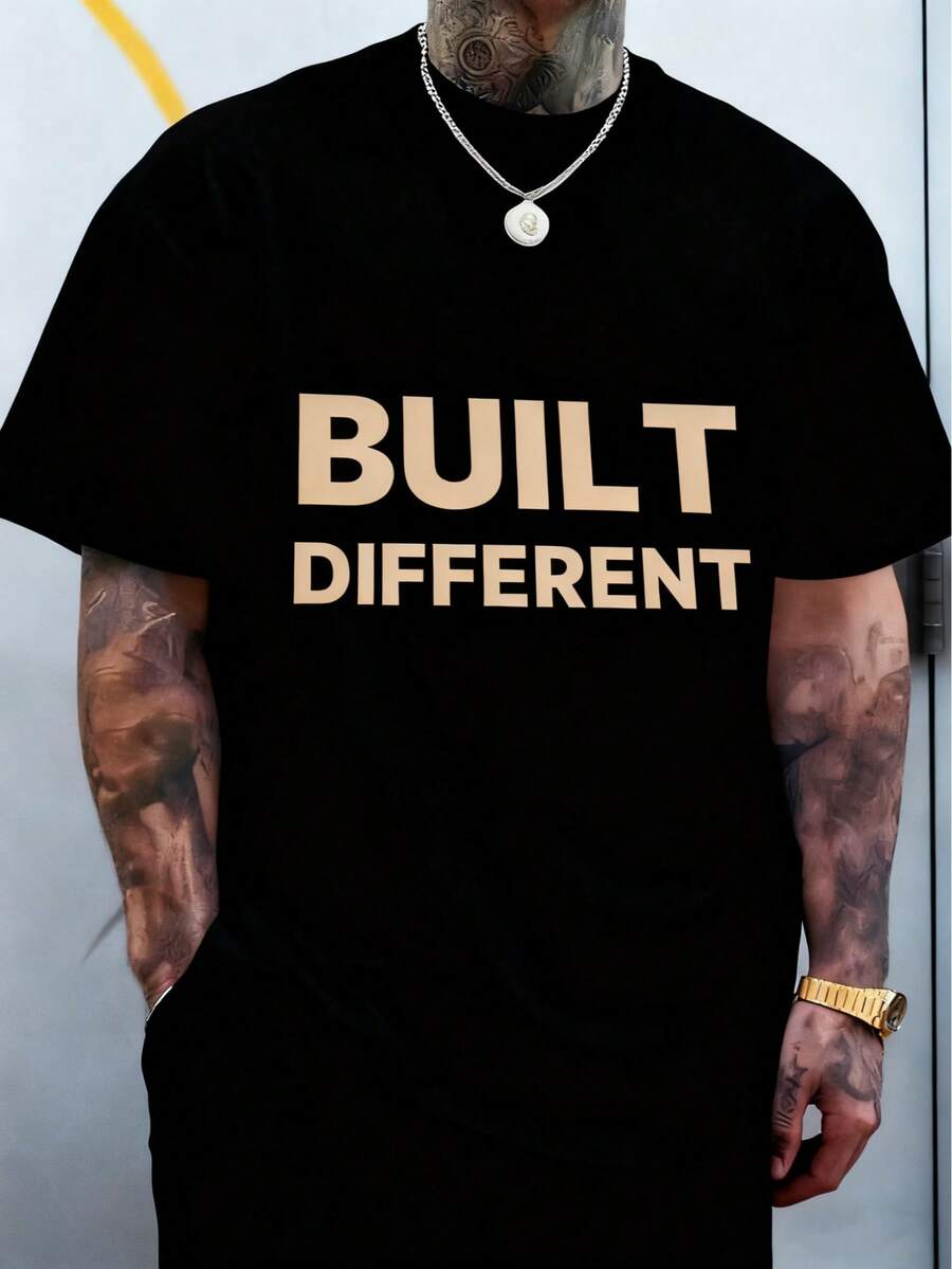 Men's T-Shirt, Classic Graphic T-Shirt, Soft And Comfortable T-Shirts For Men, Script Logo, 180g, 100% Cotton - 黑色 - 查看 1
