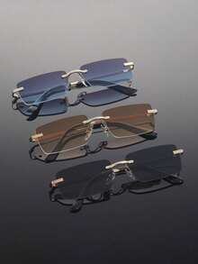 3pcs Men's Rectangular Frameless Glasses, Metal Material, Cool Elegant Classic Minimalist Versatile, Suitable For Outdoor Leisure Activities, Fit Various Face Shapes, An Elegant Choice For Summer Beach Vacation, Outdoor Activities And Travel. - 3 chiếc trà đôi vàng xám xám xanh kết hợp - Xem 6