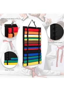 1个壁挂式武术腰带收纳架，便携式空手道腰带展示架，带奖牌挂钩，轻便跆拳道腰带悬挂式展示架，适合武术学习者