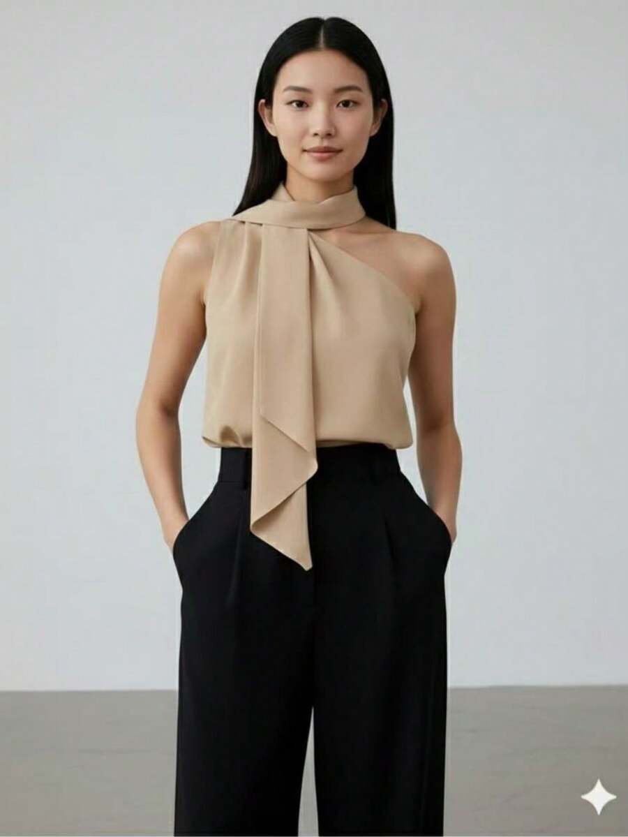 Elegant Women's Asymmetrical Tank Top For Office Use - Màu be - Xem 1